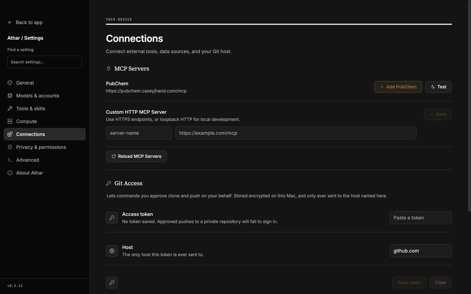 Connections settings with MCP servers and Git access.