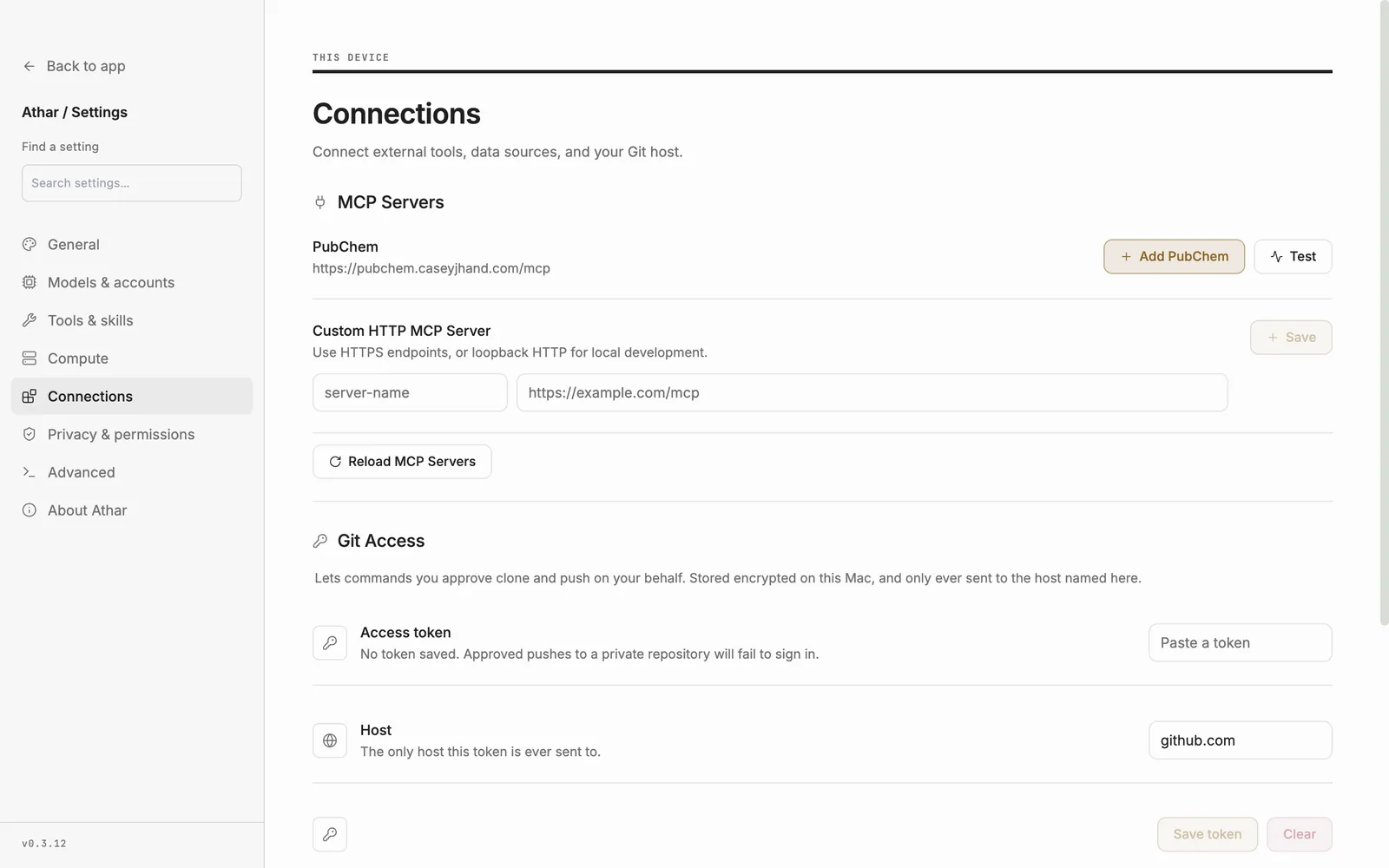 Connections settings with MCP servers and Git access.
