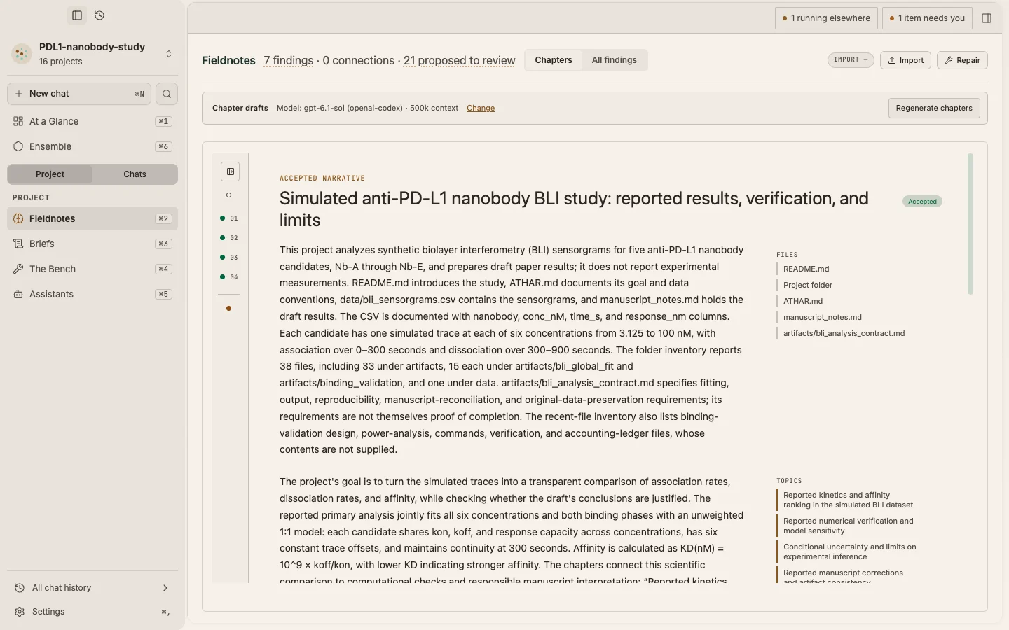 The accepted narrative for the anti-PD-L1 study, with four chapters, its source files and its topics.
