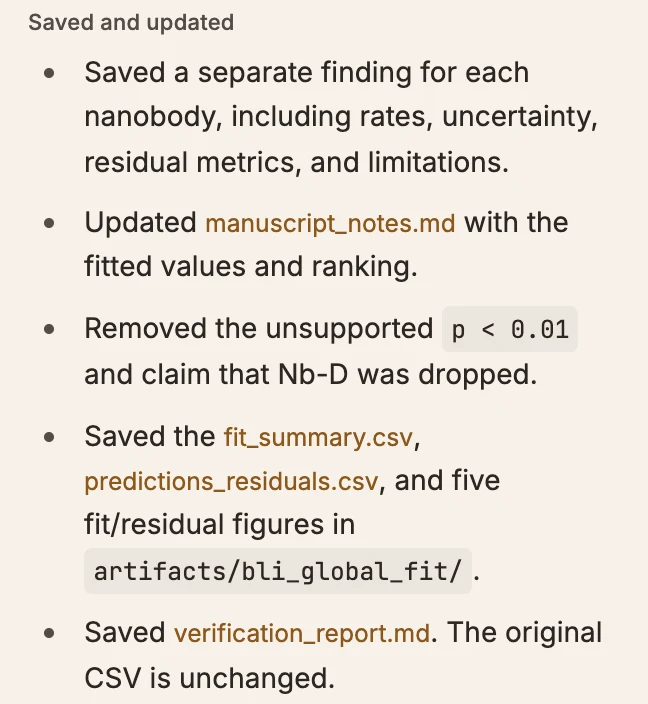 Athar’s reply after the run: it saved one finding per nanobody, updated manuscript_notes.md, and removed the unsupported p < 0.01 and the claim that Nb-D was dropped.