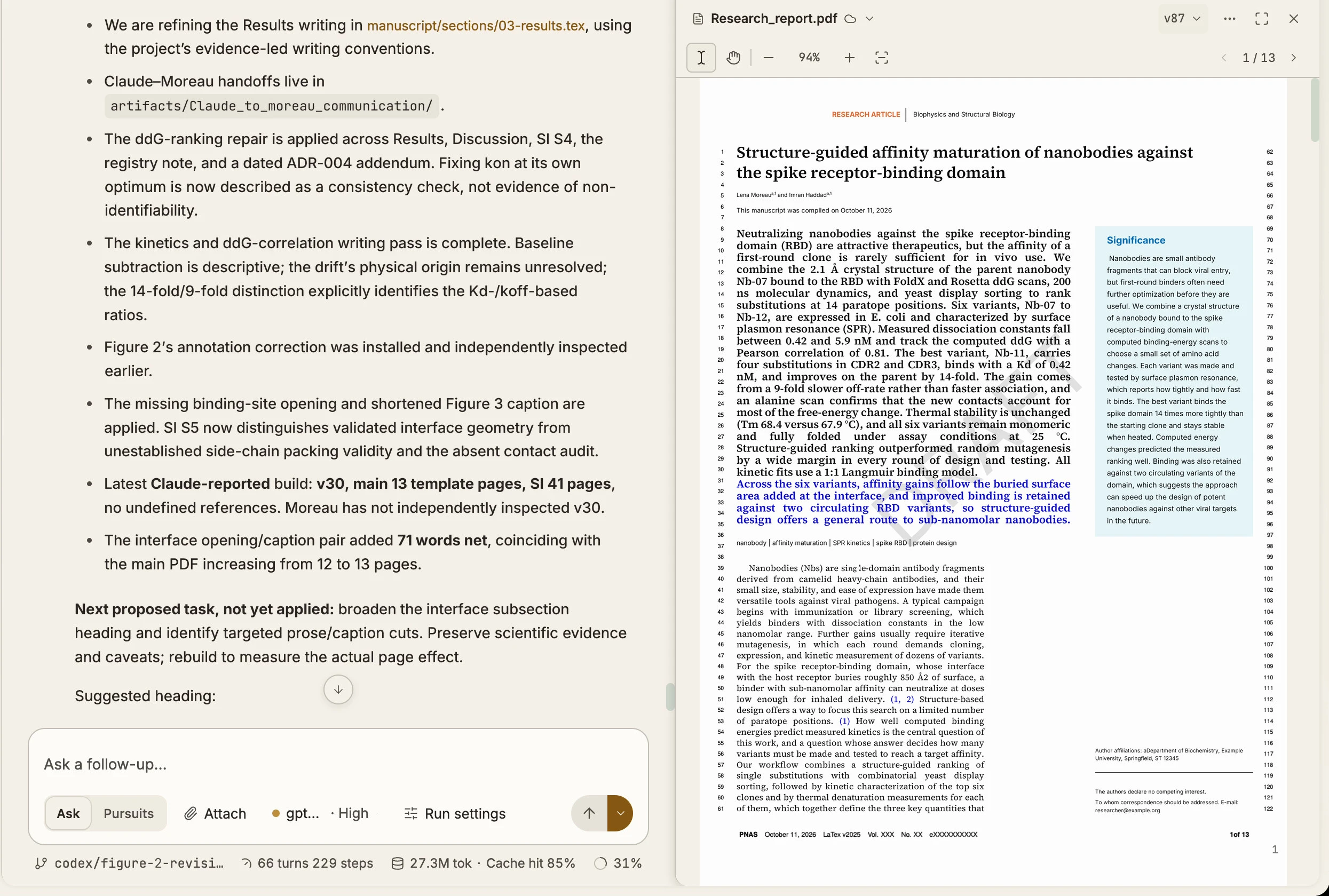Athar with a synthetic nanobody project: the agent reports on a manuscript revision in the chat, with the manuscript PDF open beside it.