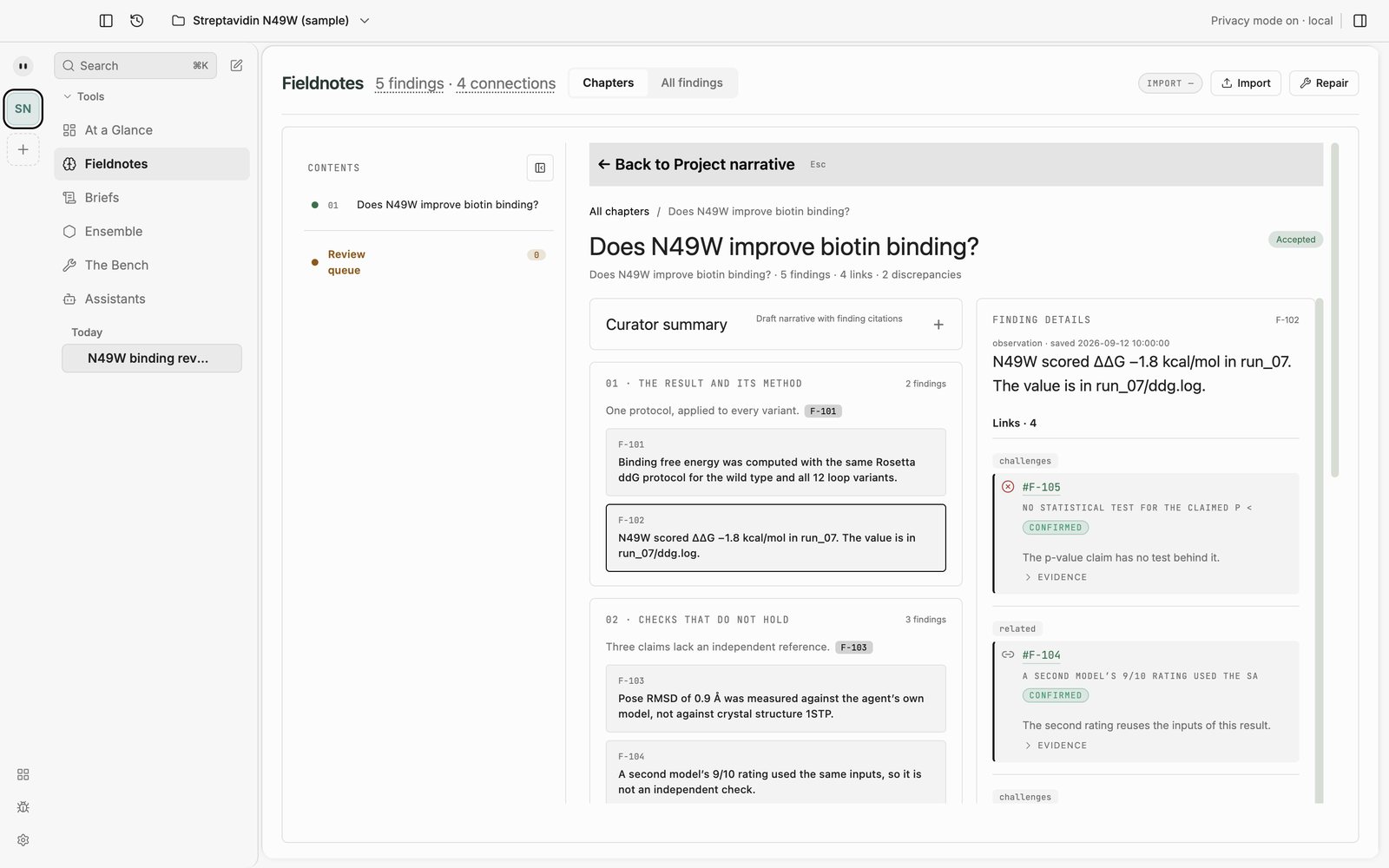 Sereh, sample project: connect findings. Findings gather into chapters around one question. Each section groups the findings and says what they show. Links say how findings relate. Challenges stay visible.