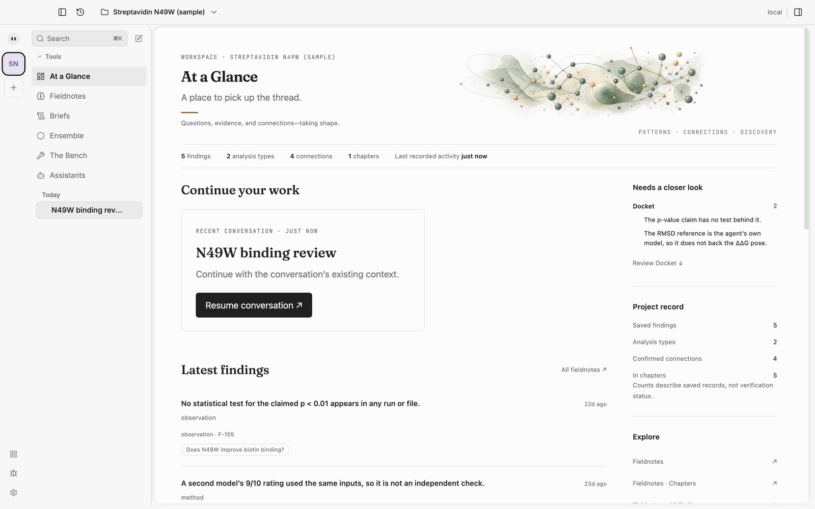 Sereh, sample project: pick up the thread. Every project keeps a record you can count. What needs a closer look: the open disagreements. Continue where you left off, with the full context.