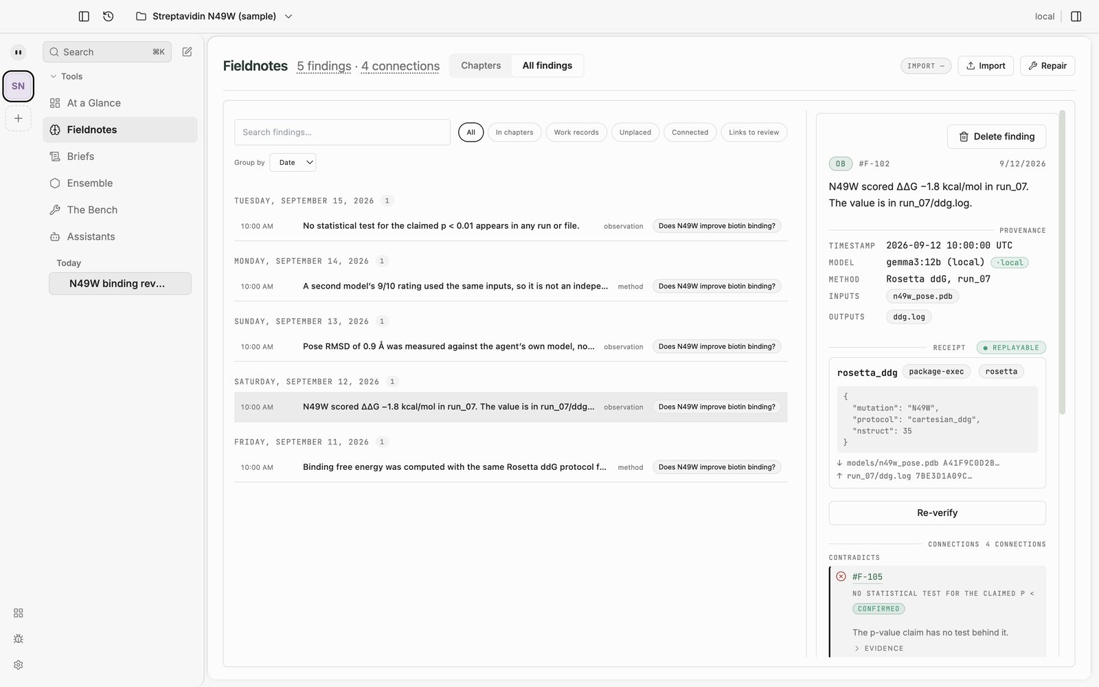 Sereh, sample project: keep the record. Open any finding. Its record: the model, the method, the input and output files. A receipt of the tool call. Re-verify runs it again.